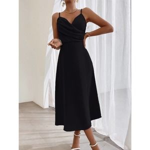 Ruched v neck Split Thigh Cami strap cocktail midi Dress black